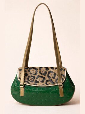 Arcadia Italy Emerald Patent Leather Leopard Flap Shoulder Bag Gold Strap
